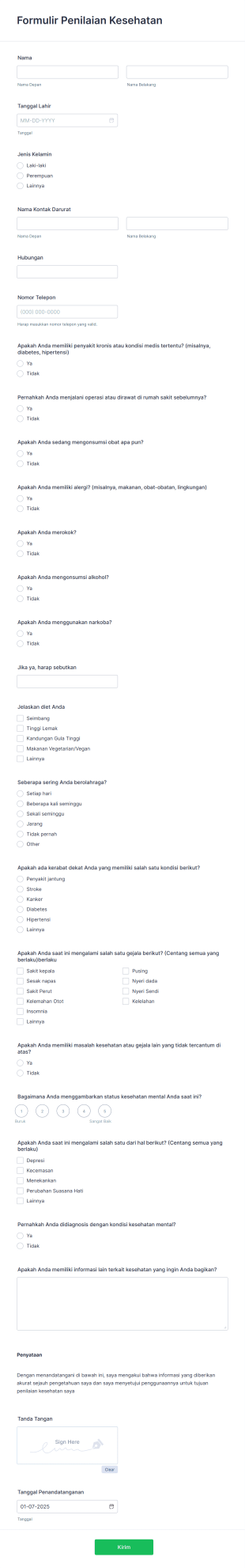 Formulir Penilaian Kesehatan Form Template