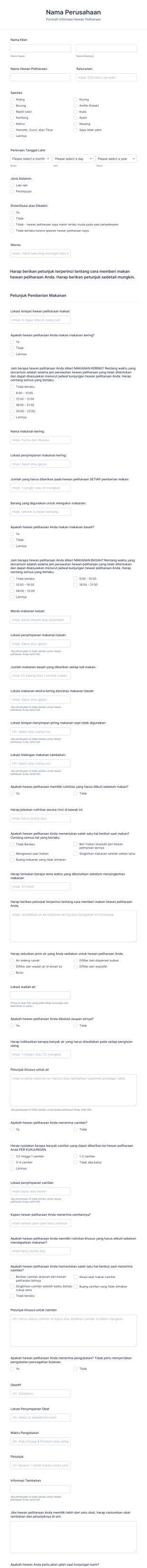 Formulir Penitipan Hewan Peliharaan Form Template