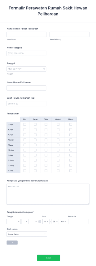 Formulir Perawatan Rumah Sakit Hewan Peliharaan Form Template