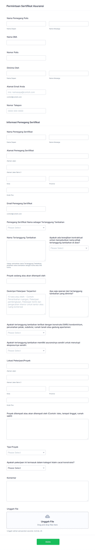 Formulir Permintaan Sertifikat Asuransi Form Template
