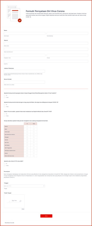 Formulir Pernyataan Diri Virus Corona Untuk Staf Gereja Form Template