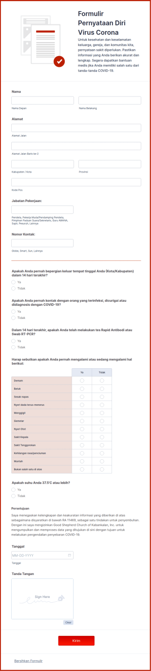 Formulir Pernyataan Diri Virus Corona Untuk Staf Gereja