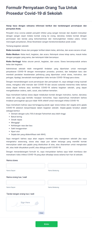 Formulir Pernyataan Orang Tua Untuk Prosedur Covid 19 Di Sekolah