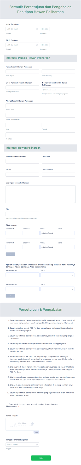Formulir Persetujuan Dan Pengabaian Penitipan Hewan Peliharaan Form Template