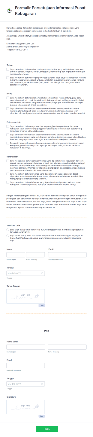 Formulir Persetujuan Informasi Pusat Kebugaran Form Template