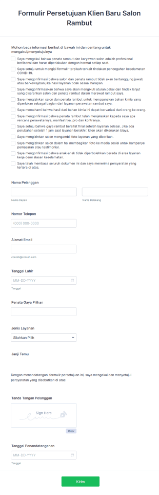 Formulir Persetujuan Klien Baru Salon Rambut Form Template