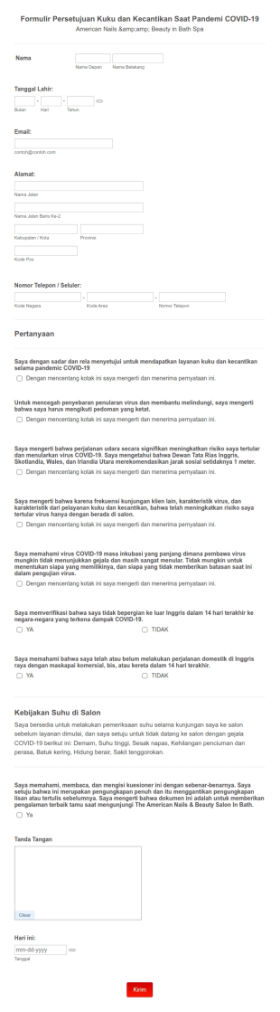 Formulir Persetujuan Kuku Dan Kecantikan Saat Pandemi COVID 19