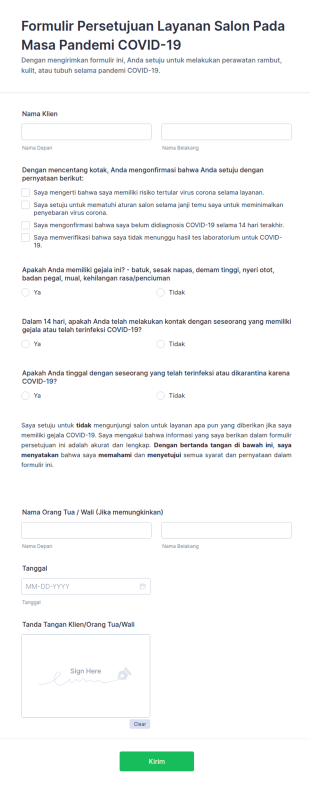 Formulir Persetujuan Layanan Salon Pada Masa Pandemi COVID 19