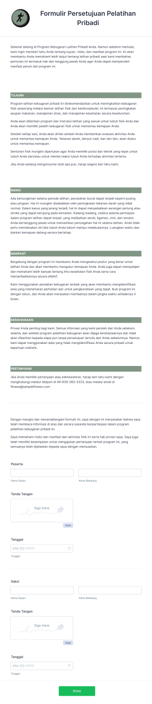 Formulir Persetujuan Pelatihan Pribadi Form Template