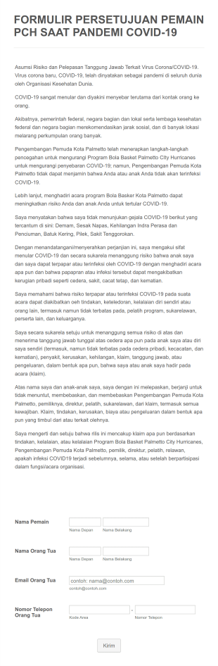 Formulir Persetujuan Pemain PCYD Atau PCH Saat Pandemi COVID 19