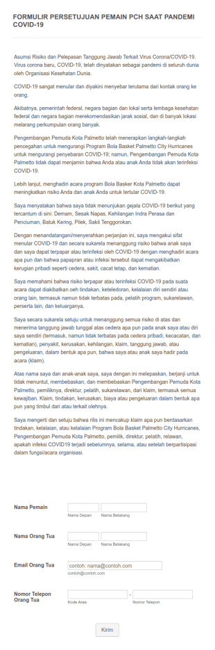 Formulir Persetujuan Pemain PCYD Atau PCH Saat Pandemi COVID 19