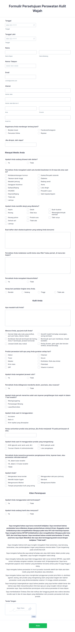 Formulir Persetujuan Perawatan Kulit Wajah