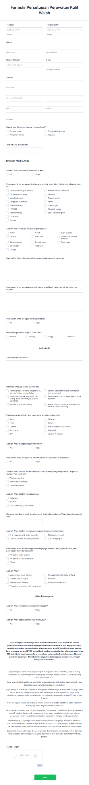 Formulir Persetujuan Perawatan Kulit Wajah Form Template
