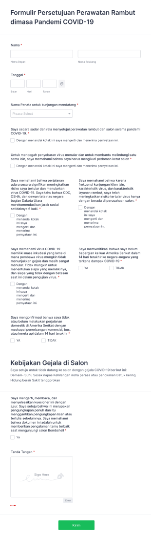 Formulir Persetujuan Perusahaan Salon Dimasa COVID 19 Form Template