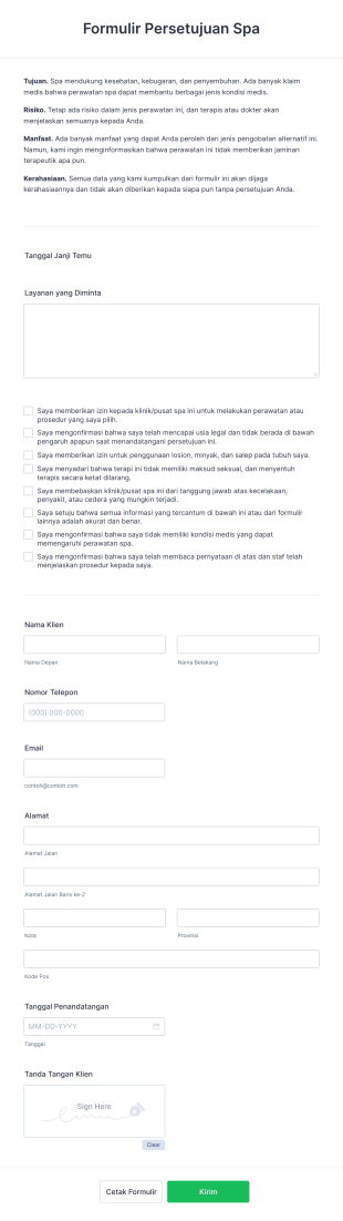 Formulir Persetujuan Spa Form Template