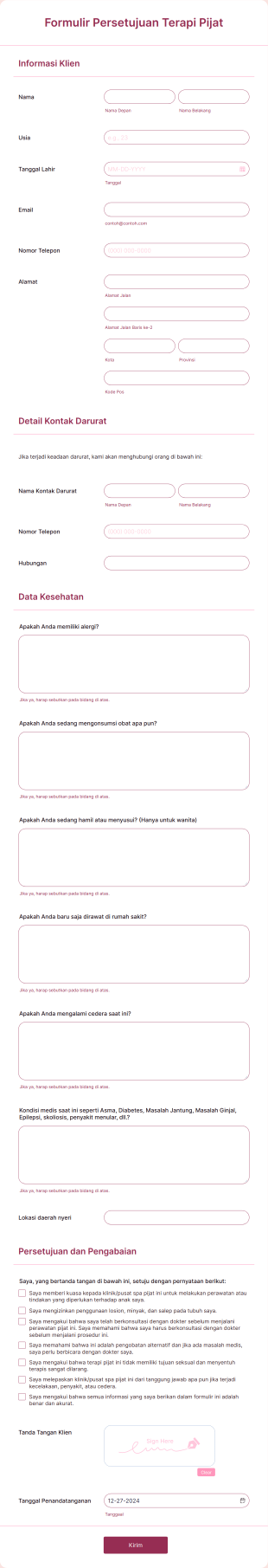 Formulir Persetujuan Terapi Pijat Form Template