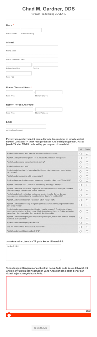Formulir Pra Skrining COVID 19 Klinik Dokter Gigi Form Template