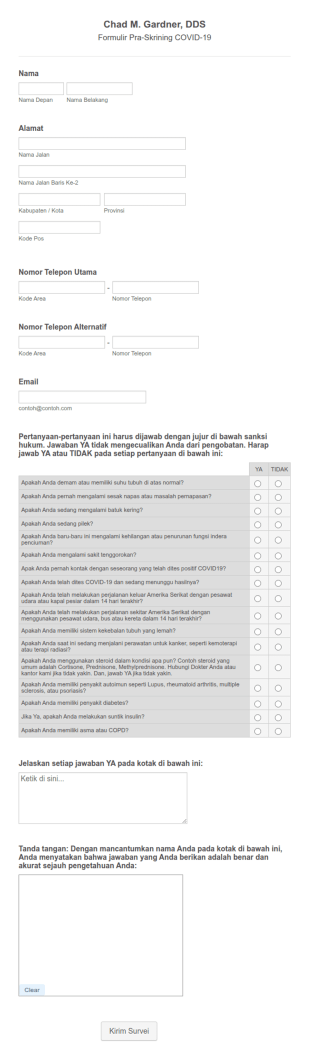 Formulir Pra Skrining COVID 19 Klinik Dokter Gigi