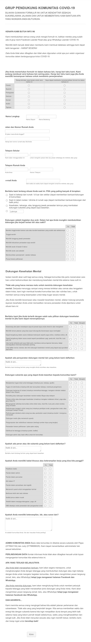 Formulir Registrasi Sukarelawan Covid 19 Form Template
