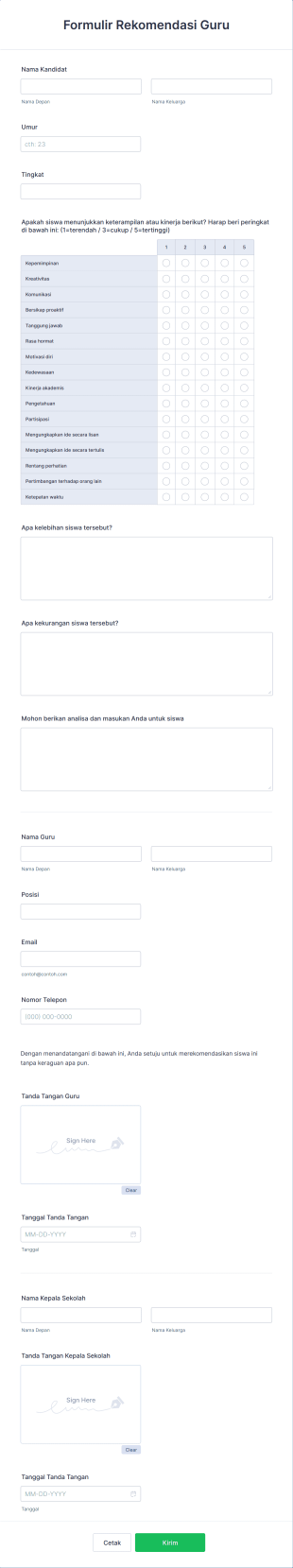 Formulir Rekomendasi Guru Form Template