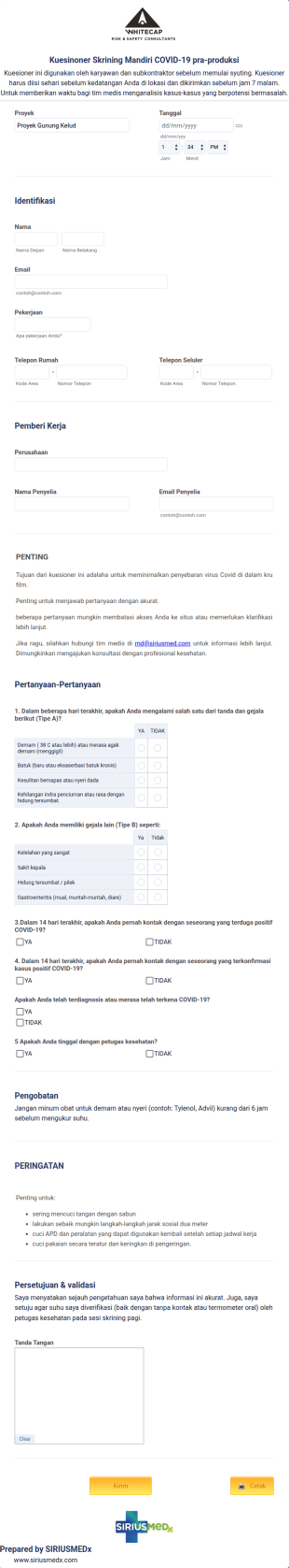 Formulir Skrining Penilaian Mandiri Kru Film Untuk Covid 19