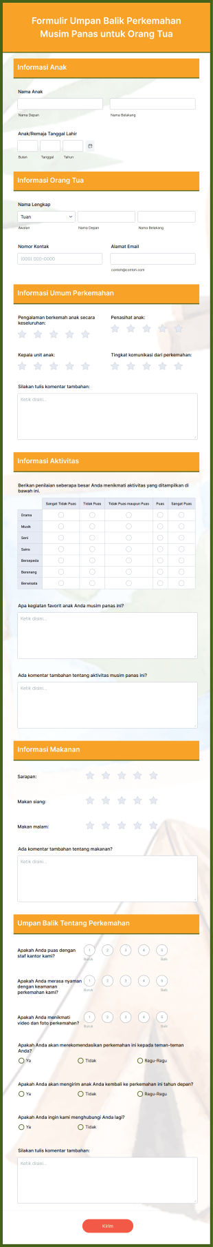 Formulir Umpan Balik Perkemahan Musim Panas Untuk Orang Tua Form Template