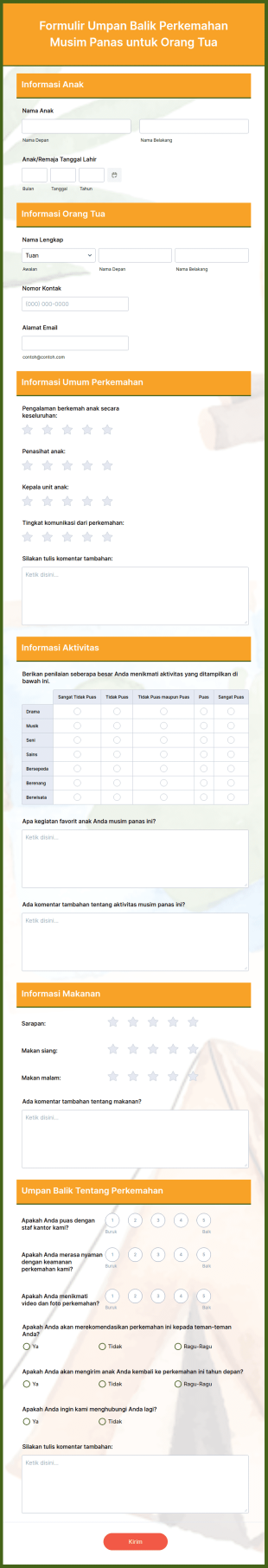 Formulir Umpan Balik Perkemahan Musim Panas Untuk Orang Tua