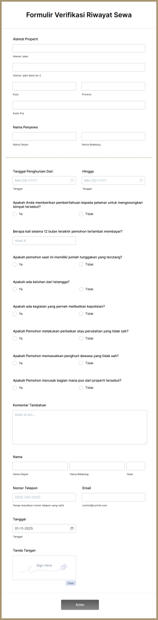 Formulir Verifikasi Riwayat Sewa Form Template