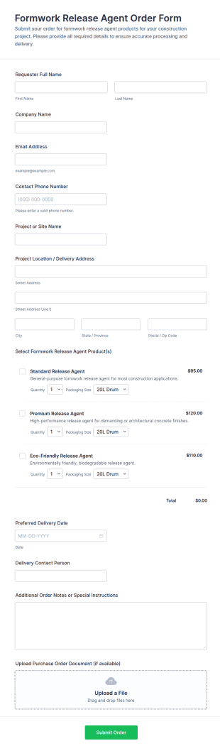 Formwork Release Agent Order Form Template