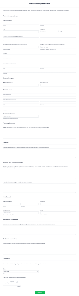 Forschercamp Formular Form Template