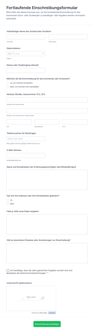 Fortlaufende Einschreibungsformular