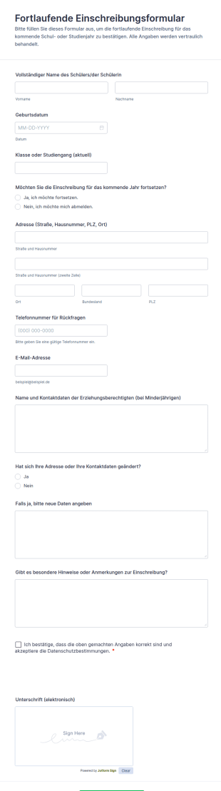 Fortlaufende Einschreibungsformular