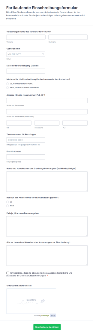 Fortlaufende Einschreibungsformular