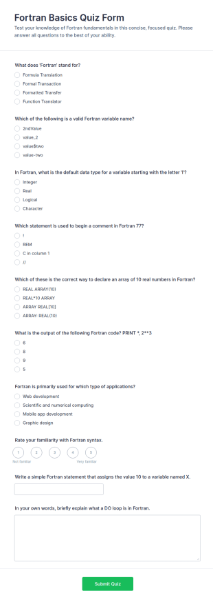 Fortran Basics Quiz Form Template