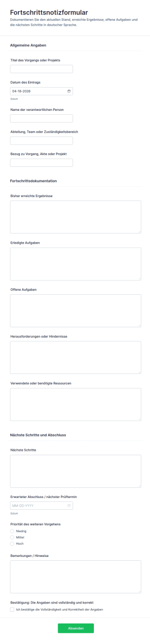 Fortschrittsnotiz Formular
