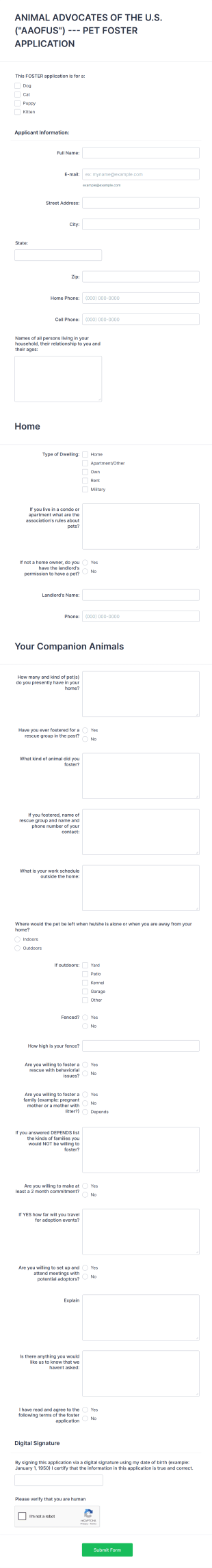 Pet Foster Application Form Template