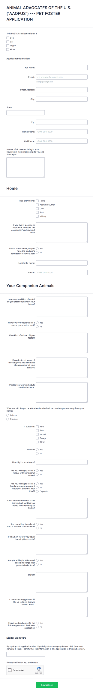 Pet Foster Application Form Template