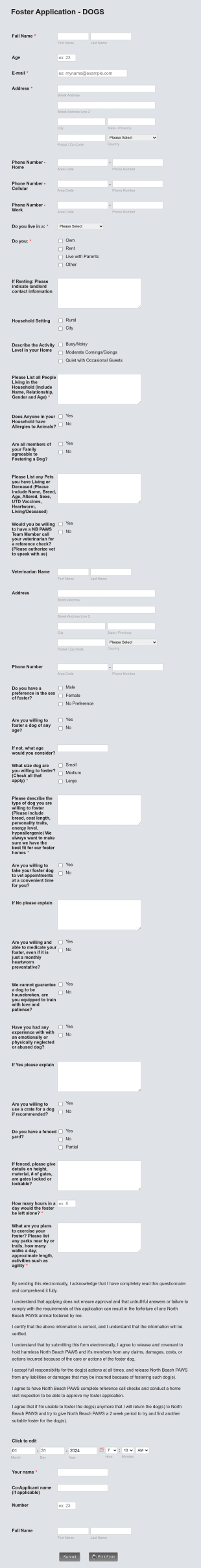 Foster Application For Dogs Form Template
