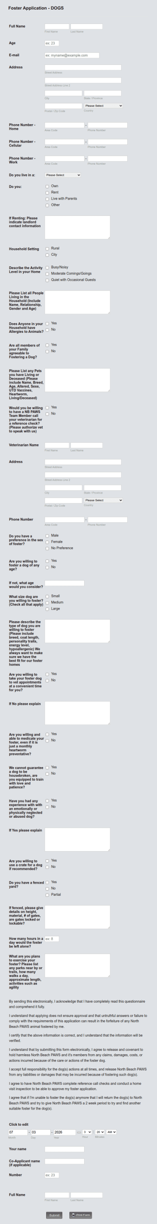 Foster Application For Dogs Form Template