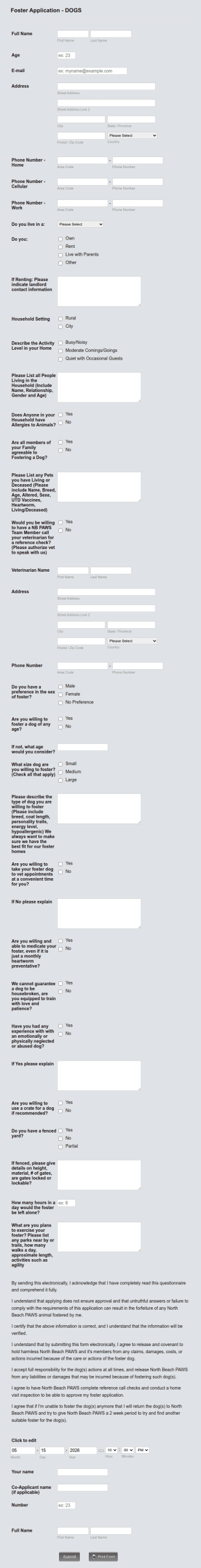 Foster Application For Dogs Form Template