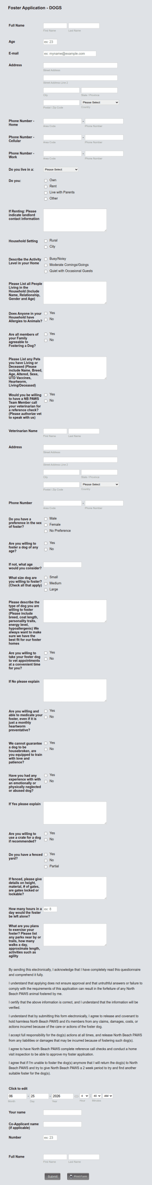 Foster Application For Dogs Form Template