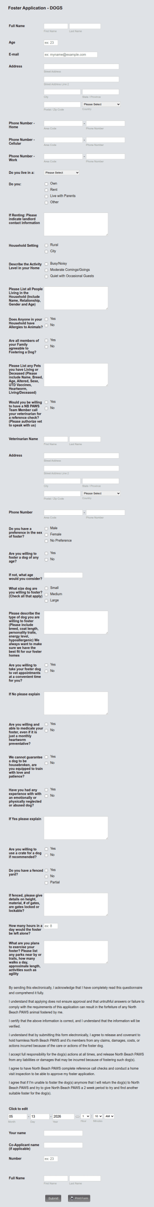 Foster Application For Dogs Form Template
