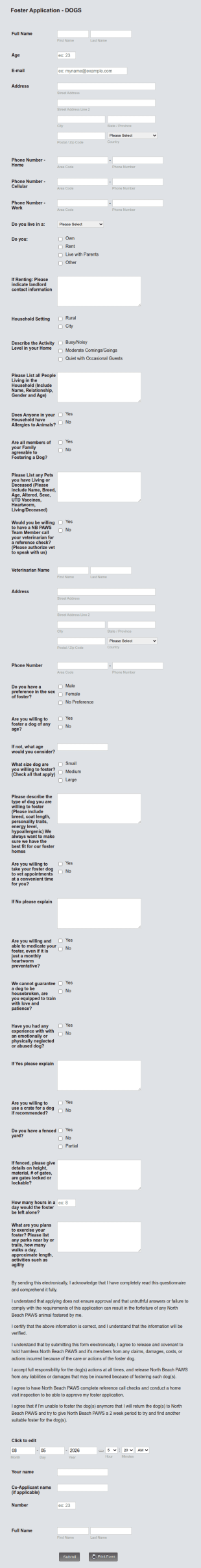 Foster Application For Dogs Form Template