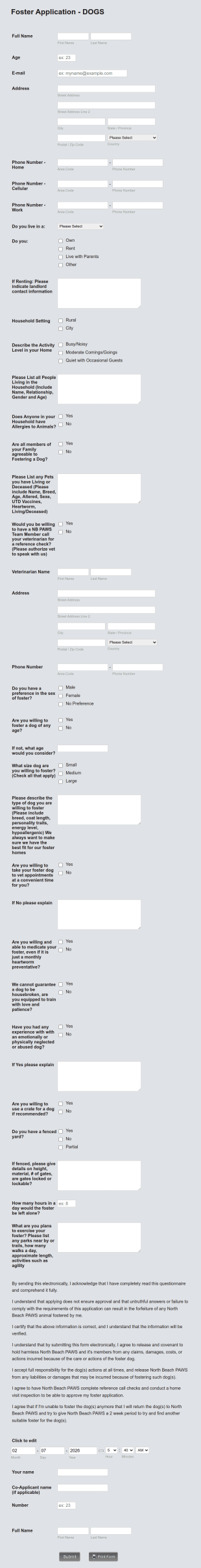 Foster Application For Dogs Form Template