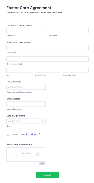 Foster Care Agreement Form Form Template