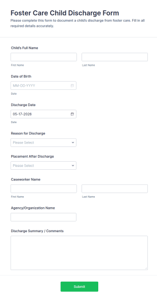 Foster Care Child Discharge Form Template