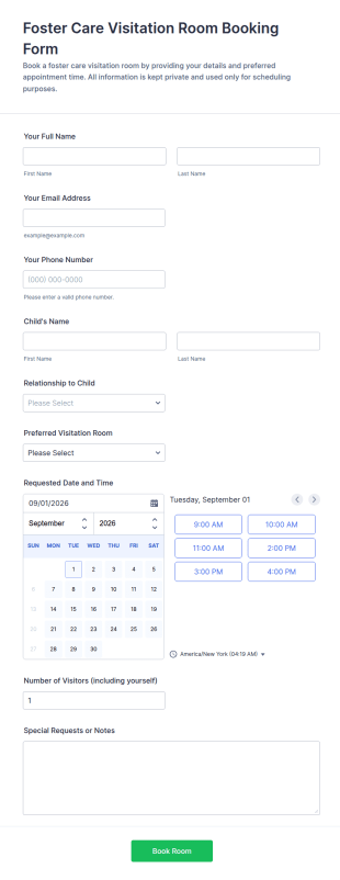 Foster Care Visitation Room Booking Form Template