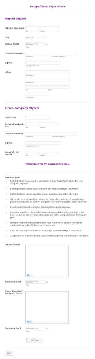 Fotoğraf Baskı Yayın Form Şablonu