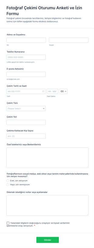 Fotoğraf Çekimi Oturumu Anketi Ve İzin Form Şablonu