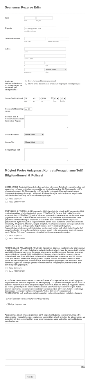 Fotoğram Çekimi Rezervasyon Form Template